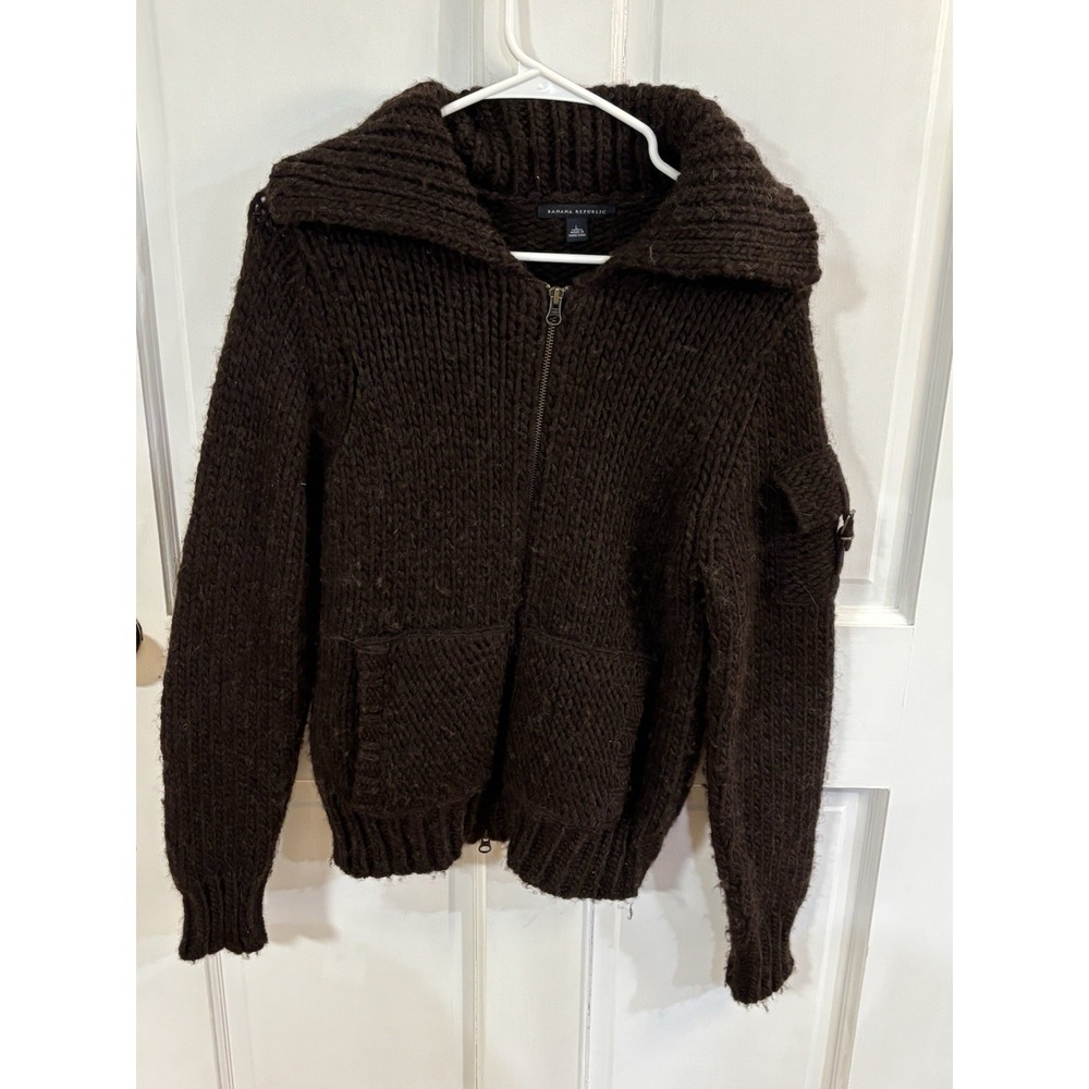 vintage BR 100% Wool chuncky sweater full zipper large chocolate Brown